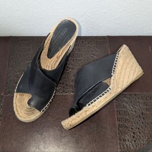 VINCE Women Sandals Black Leather Espadrille Wedge Thongs Shoes Size 9